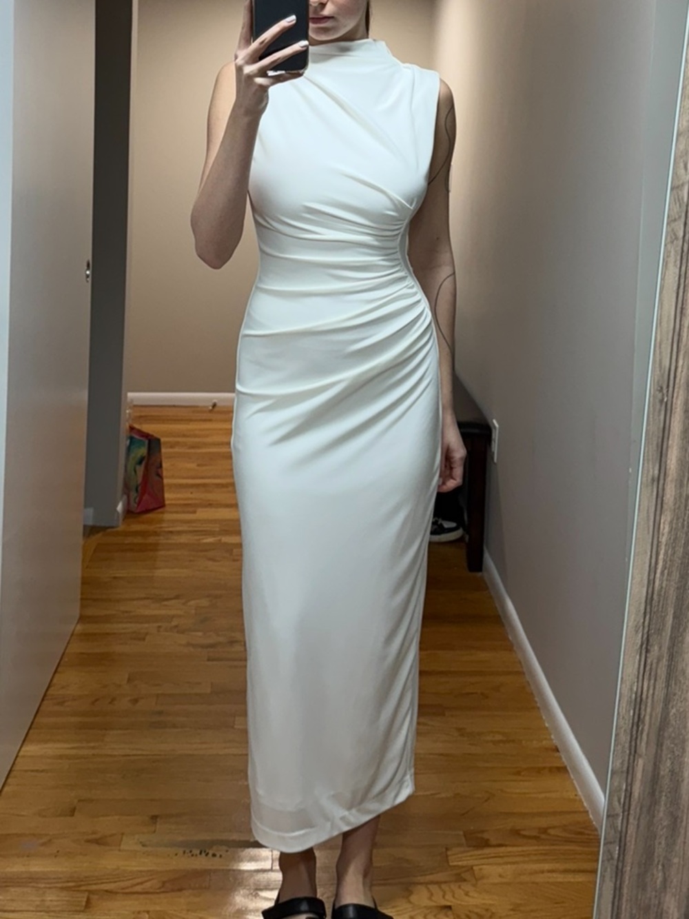 Zara Cream High-Neck Ruched Maxi Dress